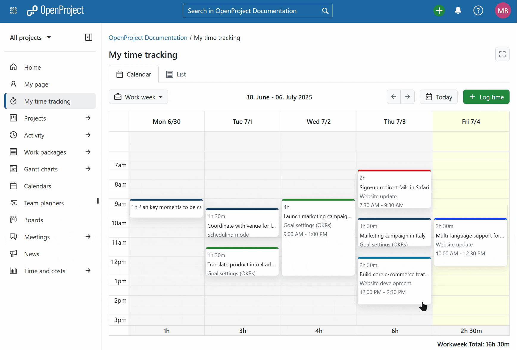 Example of logging time in OpenProject My time tracking module