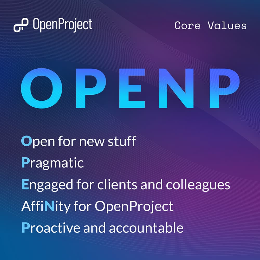 La imagen muestra el acrónimo "OPENP" con una definición adjunta que explica sus valores fundamentales: "Abierto a lo nuevo, Pragmático, Comprometido con clientes y colegas, Afín a OpenProject, Proactivo y responsable".
