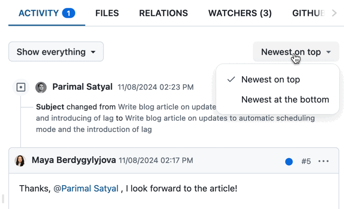 You can order the activities to show newest on top or at the bottom