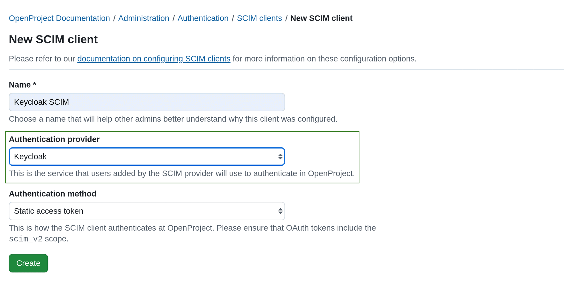 A SCIM client creation form in OpenProject administration, with the “Authentication provider” field highlighted and filled out
