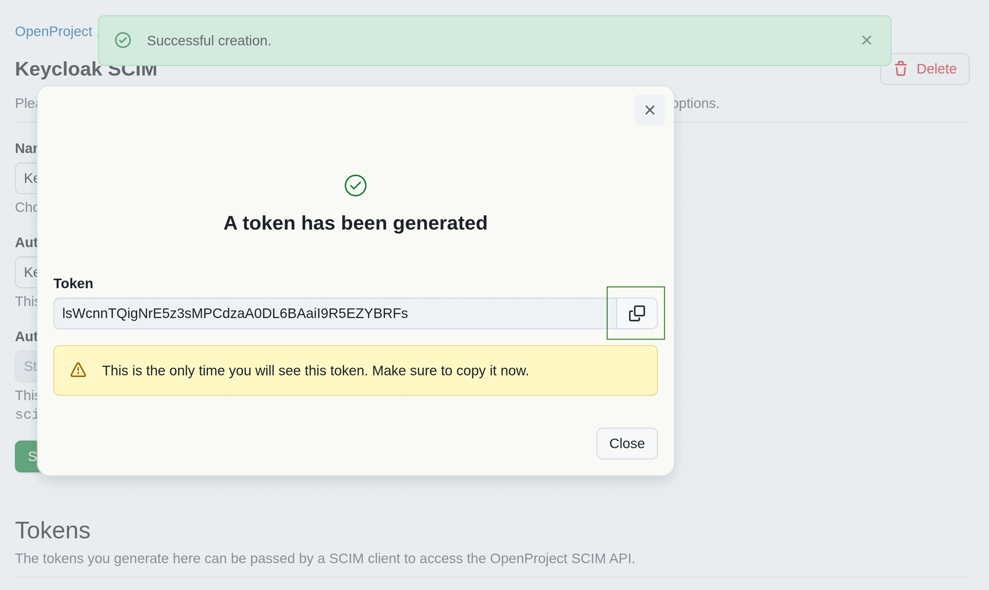 Add SCIM client. Creation form. Static access token. Copy token.