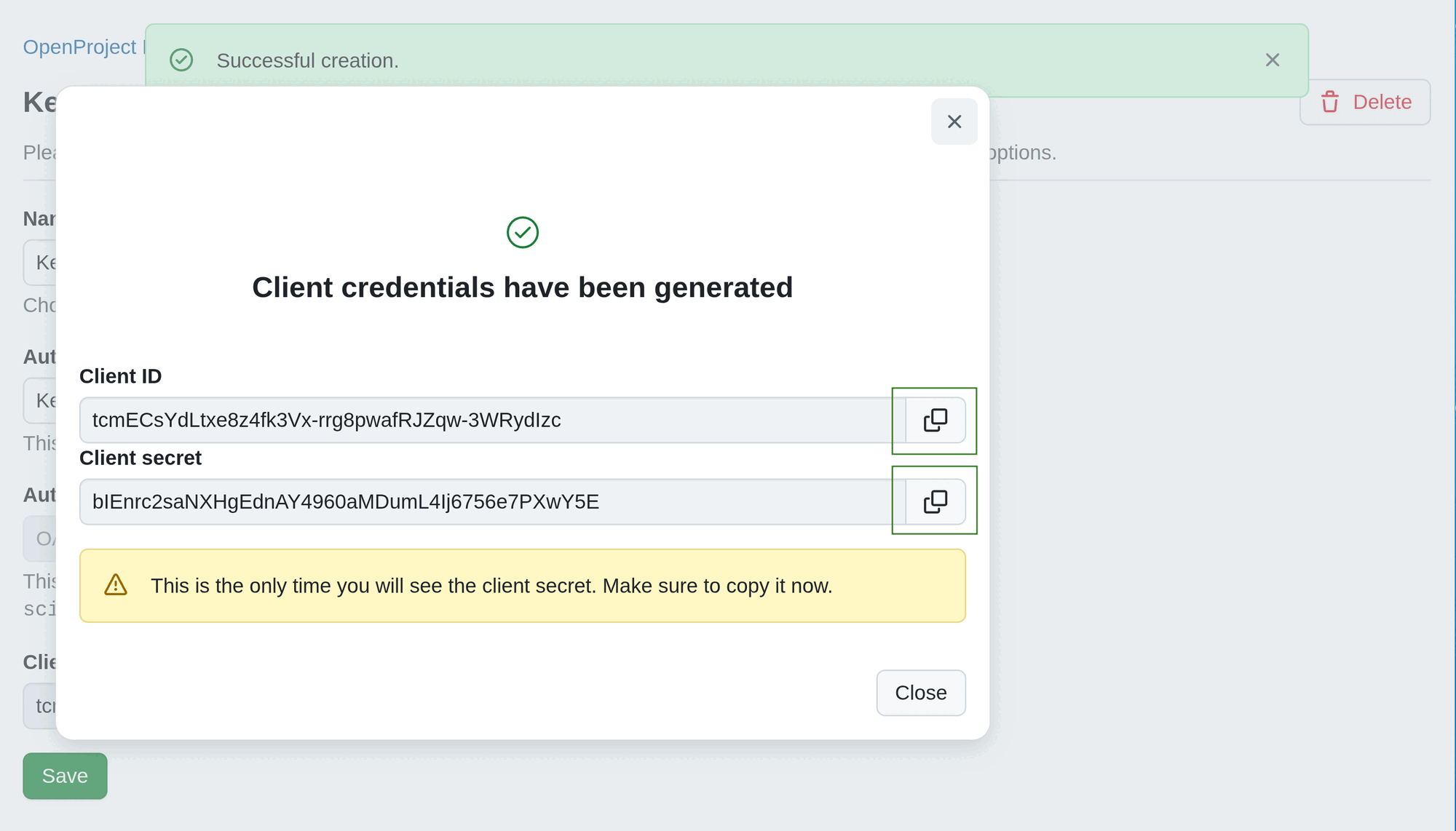 A confirmation message that a SCIM client was created, showing client credentials to be copied in OpenProject administration