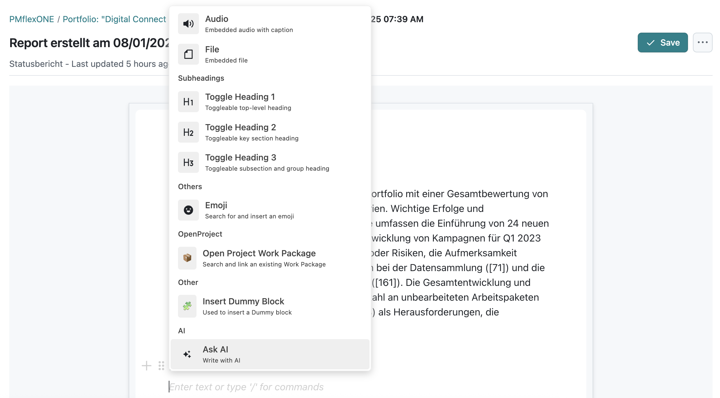 Screenshot of an OpenProject demo instance, showing the AI generated status report with the option to ‘Ask AI’