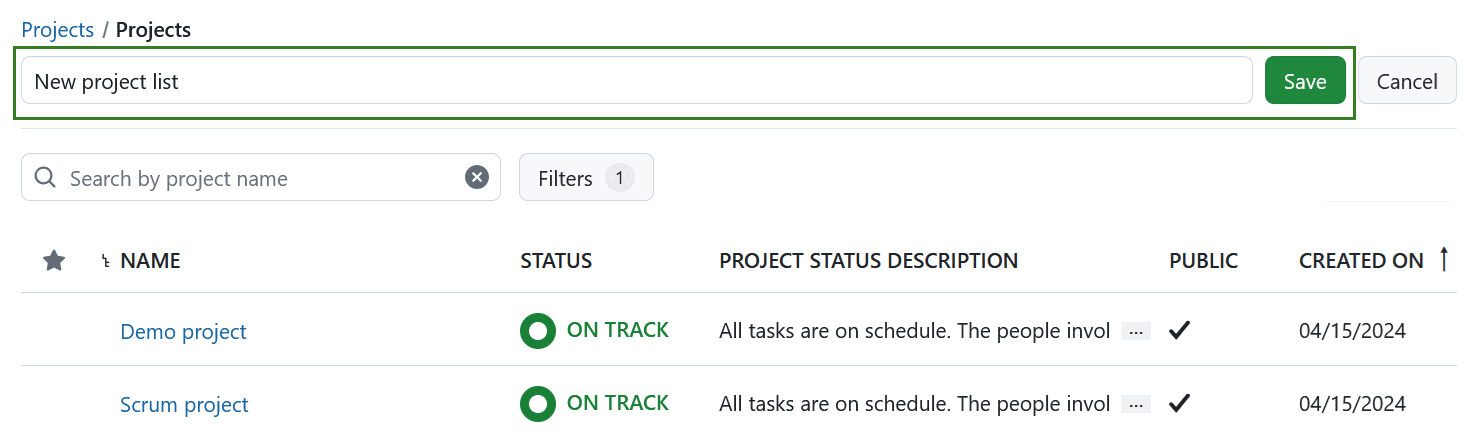 Name and save a new project list in OpenProject