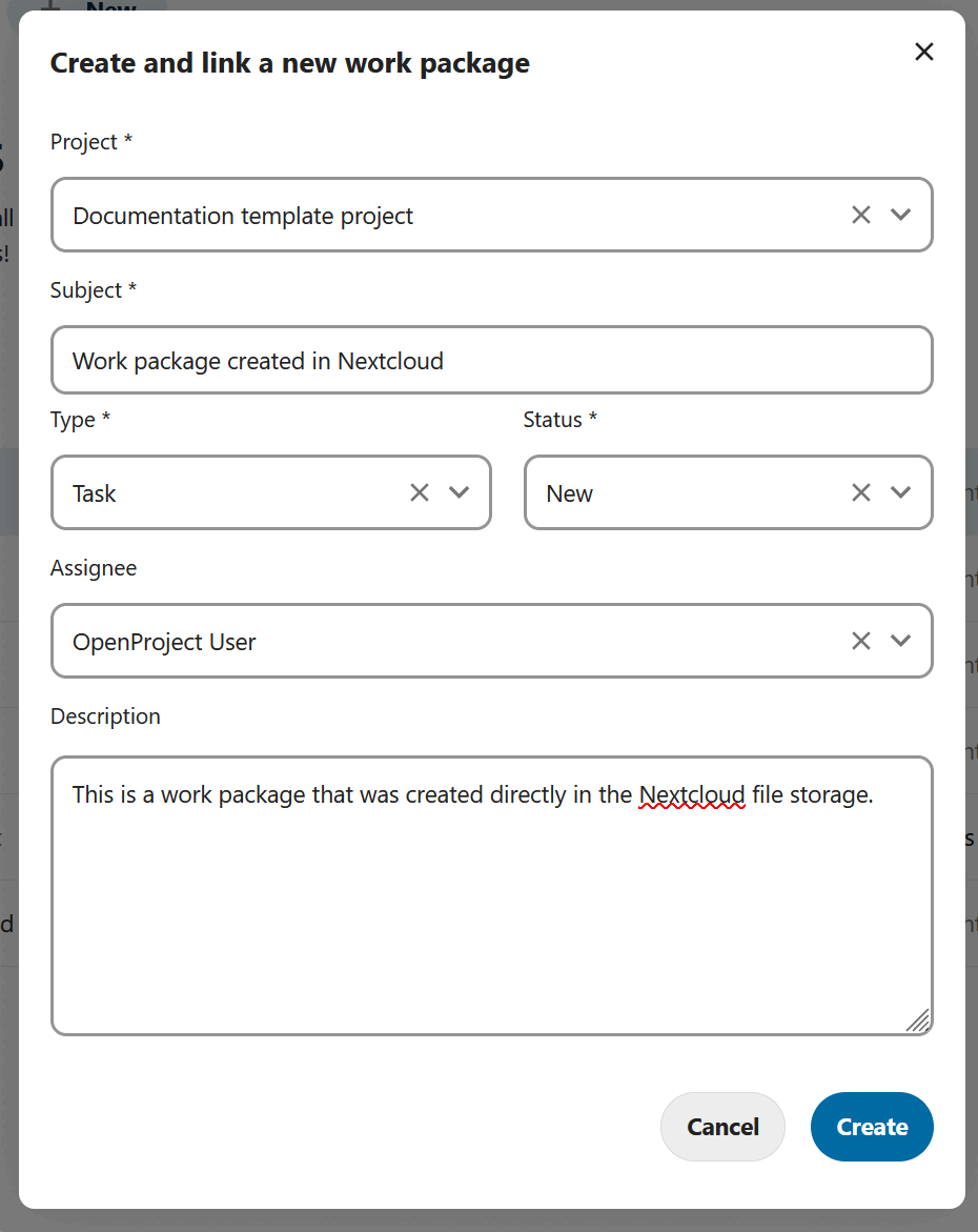 Specify details of a new OpenProject work package created in Nextcloud
