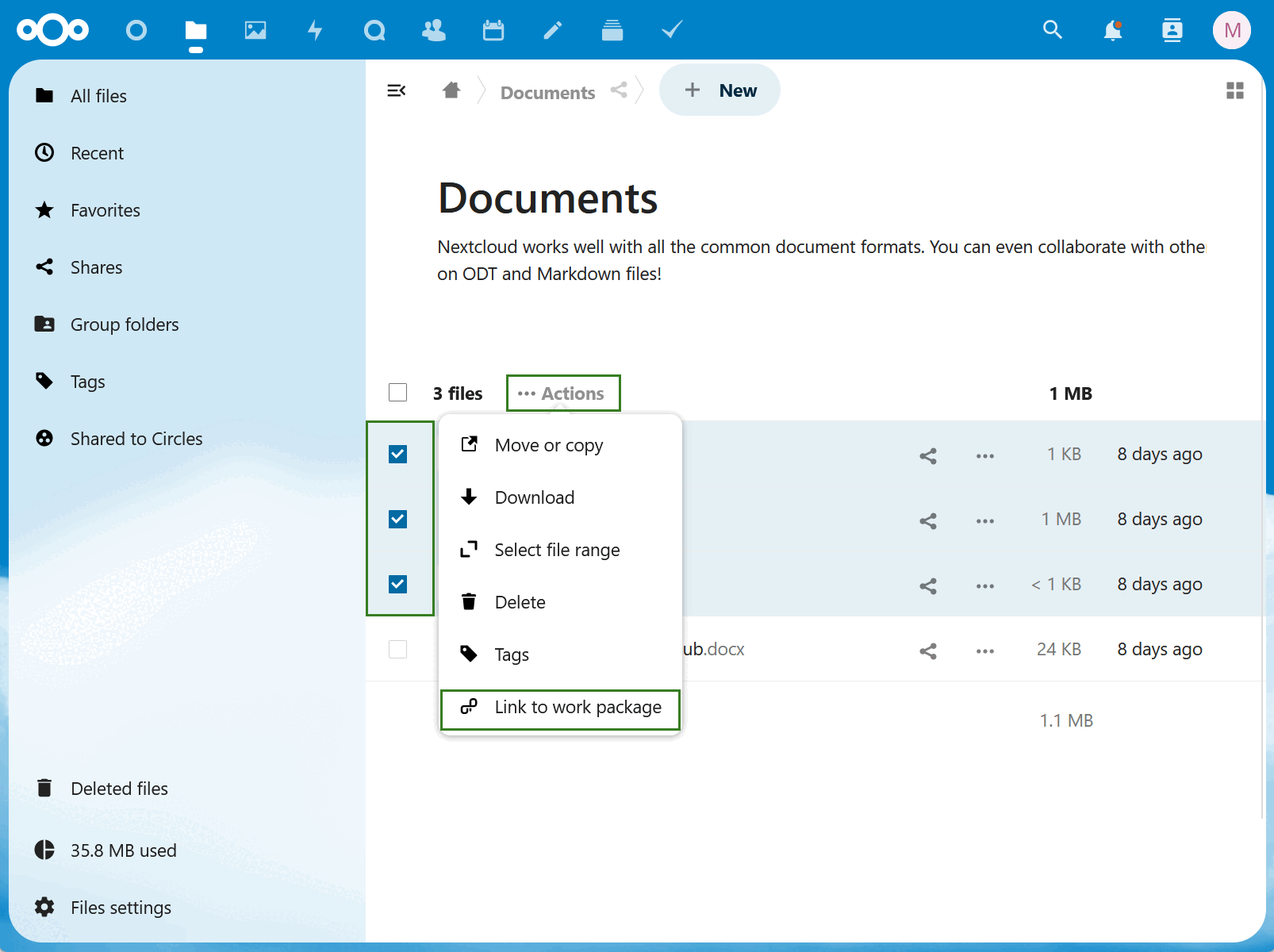 Select multiple files in Nextcloud to link to a single work package in OpenProject