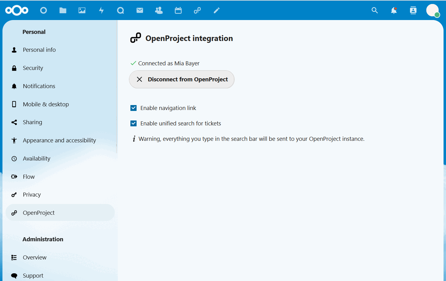 Nextcloud settings for OpenProject