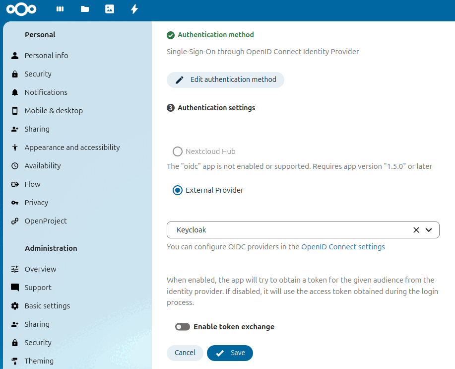 Nextcloud configured to use the login token