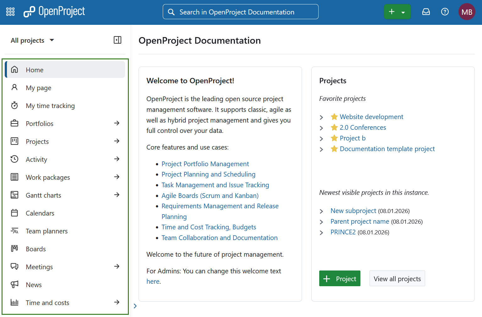 Navigating to global modules menu in OpenProject
