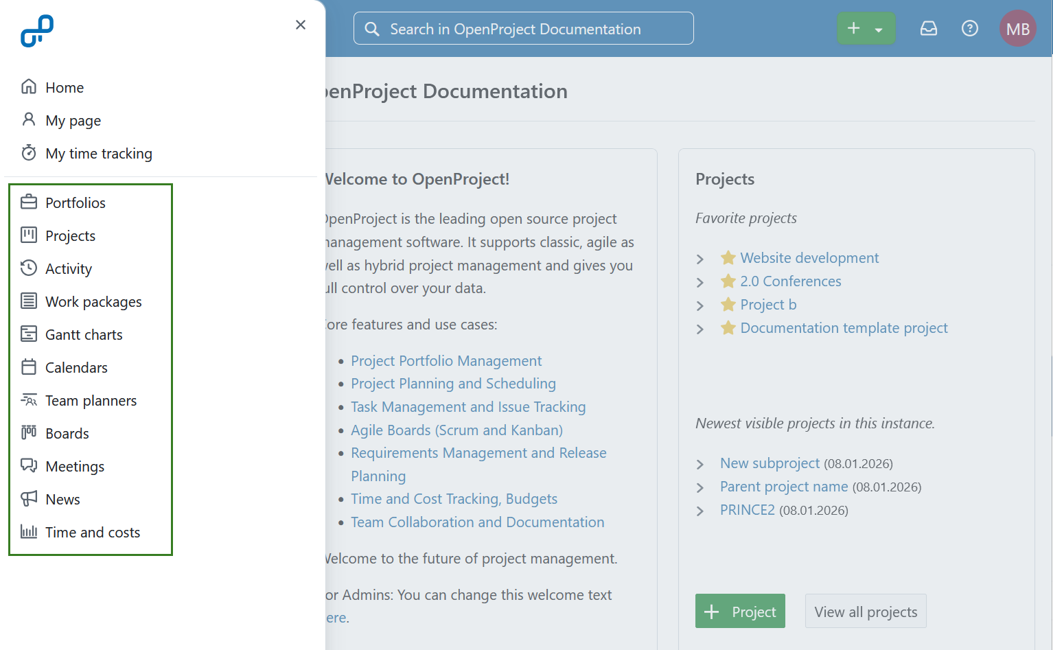 Navigating to global modules menu in OpenProject via grid icon