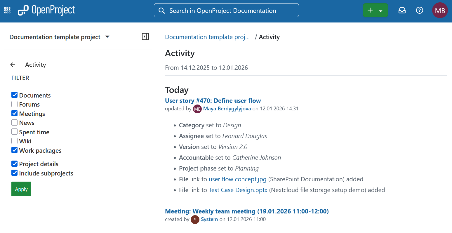 Ejemplo de actividad en OpenProject