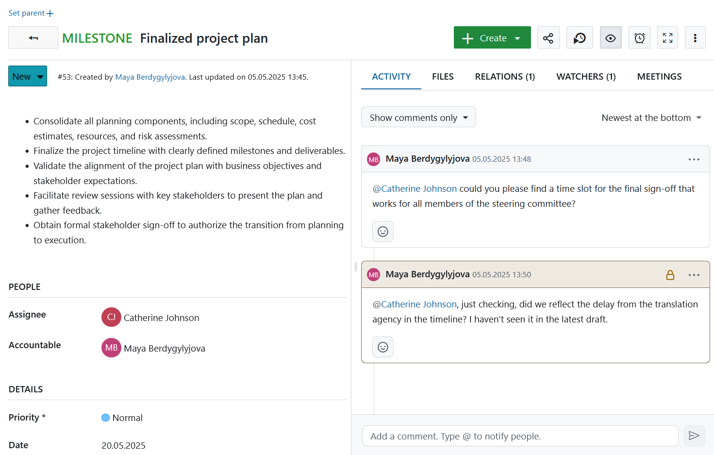 Comentarios internos en la pestaña Actividad de un paquete de trabajo de OpenProject