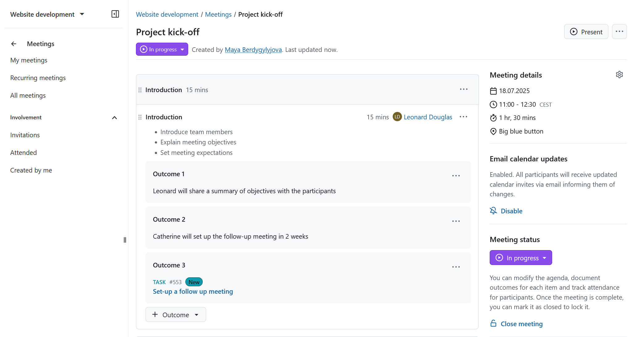 Añada múltiples resultados de puntos del orden del día directamente a los puntos del orden del día en las reuniones de OpenProject