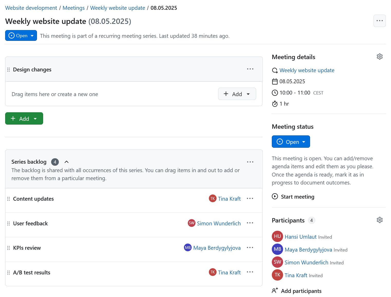 Interfaz de OpenProject mostrando el orden del día de una reunión periódica y los elementos pendientes