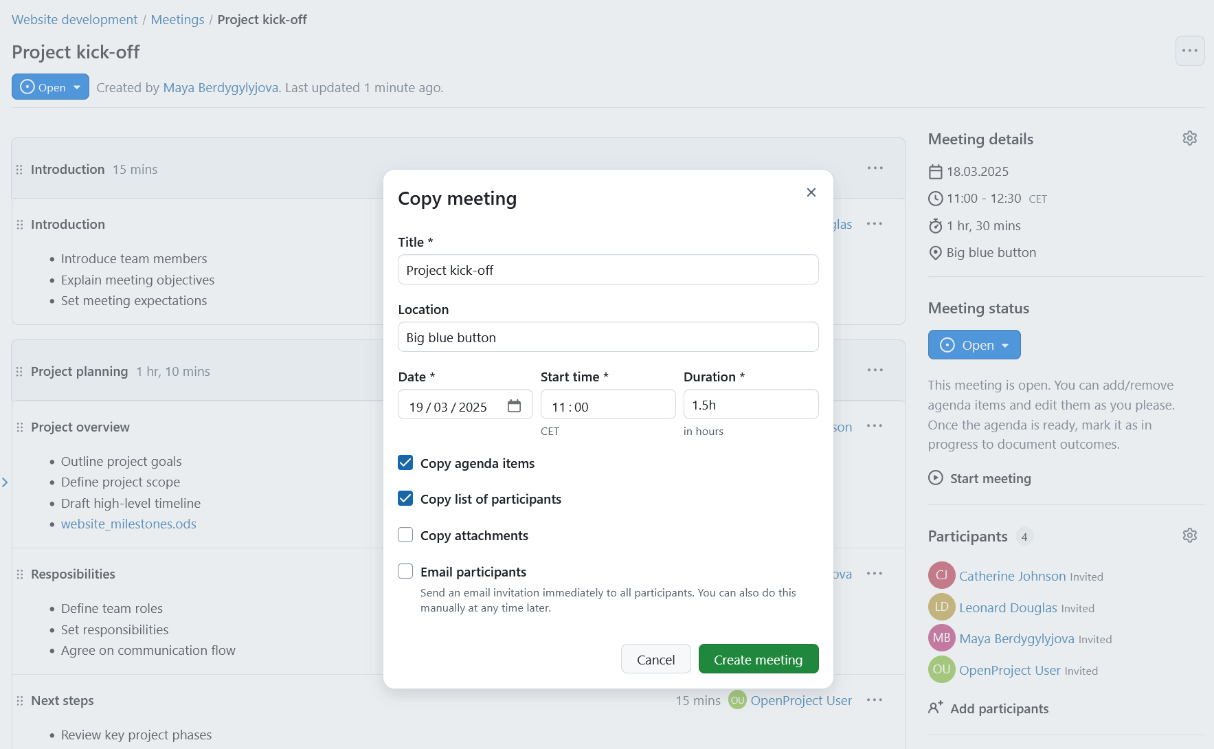 Interfaz para duplicar una reunión con detalles editables en OpenProject