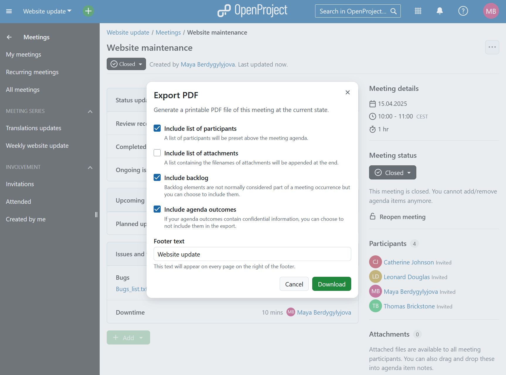 Ventana modal de exportación para especificar qué se debe incluir en una exportación PDF de una reunión en el software de gestión de proyectos OpenProject
