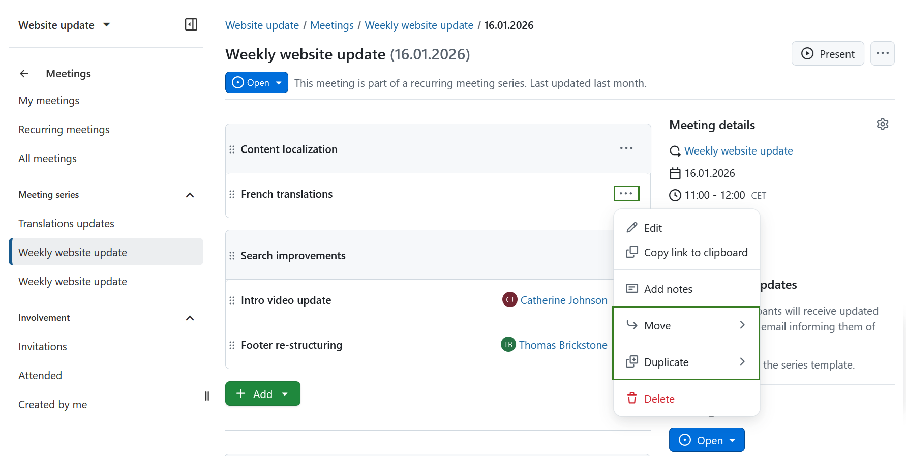 Una opción de menú desplegable para mover un punto del orden del día a la siguiente reunión en series de reuniones periódicas en OpenProject.