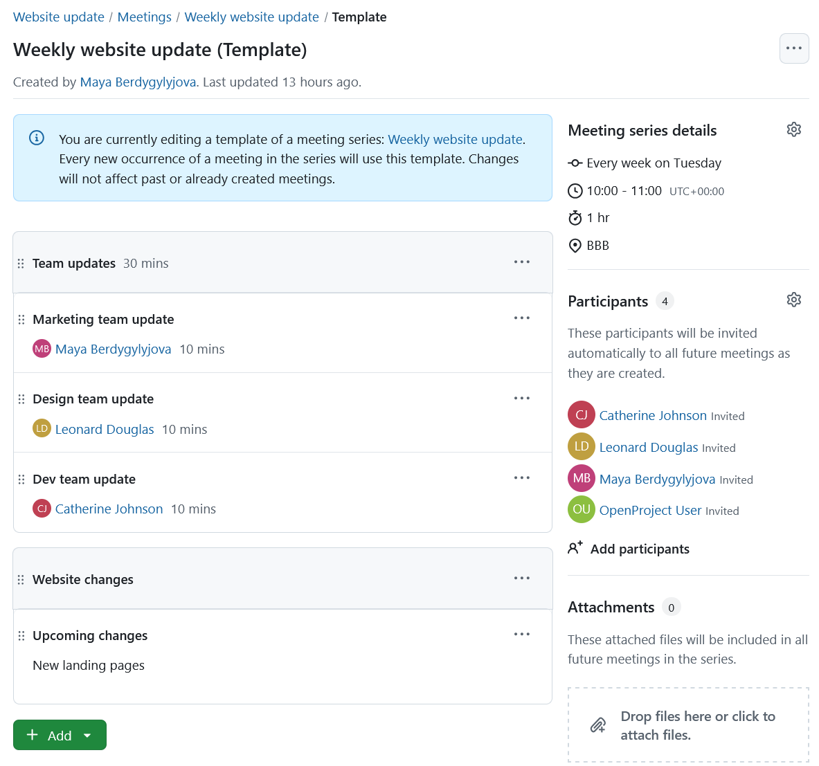 Vista de usuario de la configuración del orden del día para una serie de reuniones periódicas en OpenProject