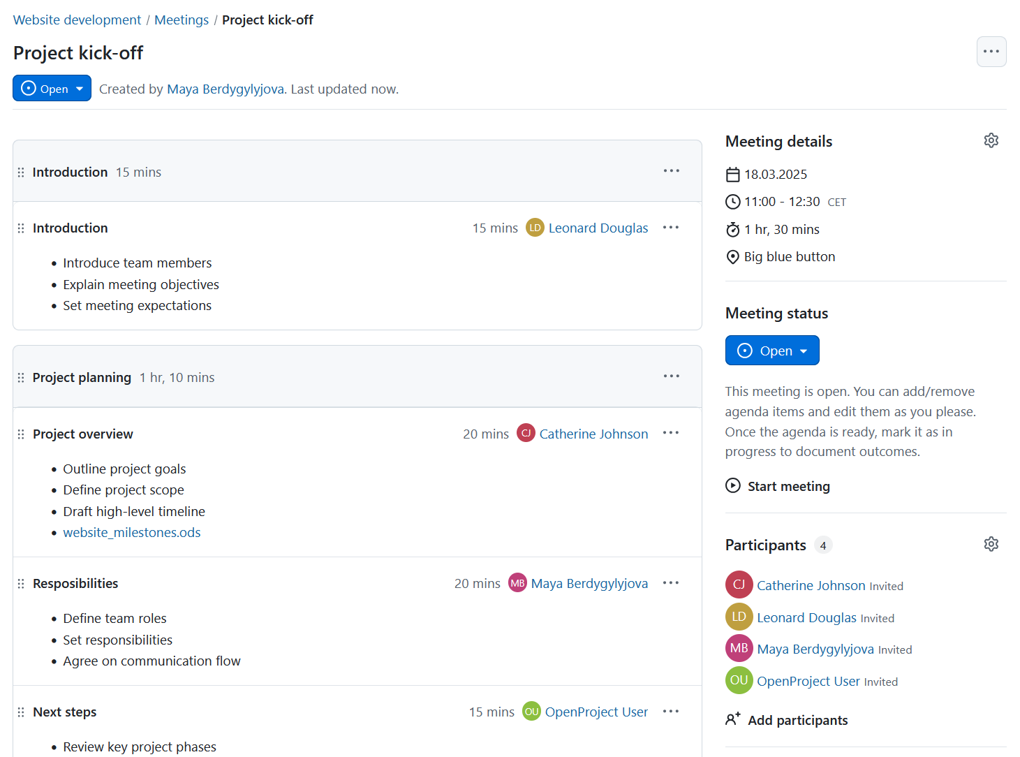 Asigne presentadores a cada punto del orden del día en el software de gestión de reuniones OpenProject.
