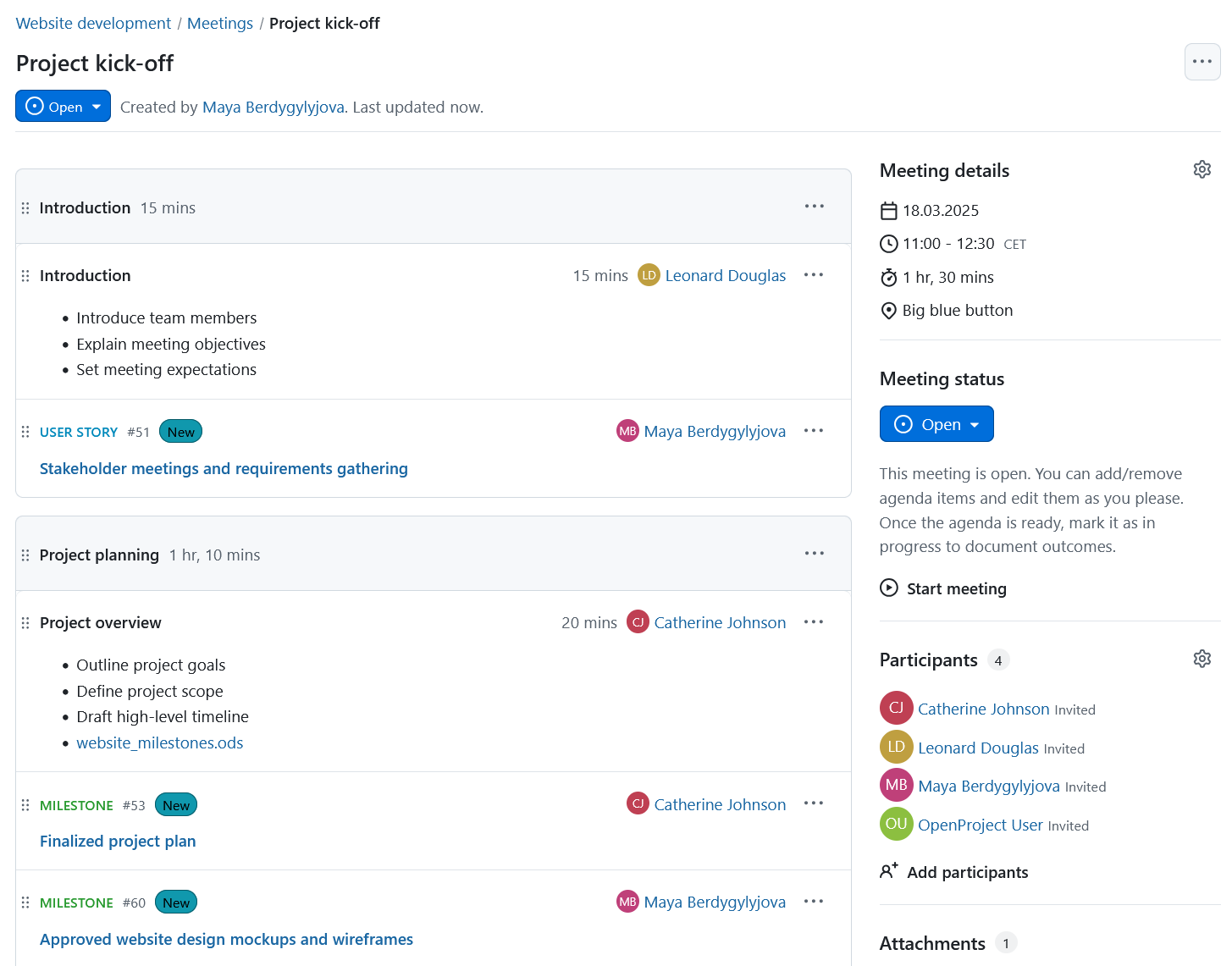 Paquetes de trabajo vinculados directamente al orden del día de la reunión en OpenProject