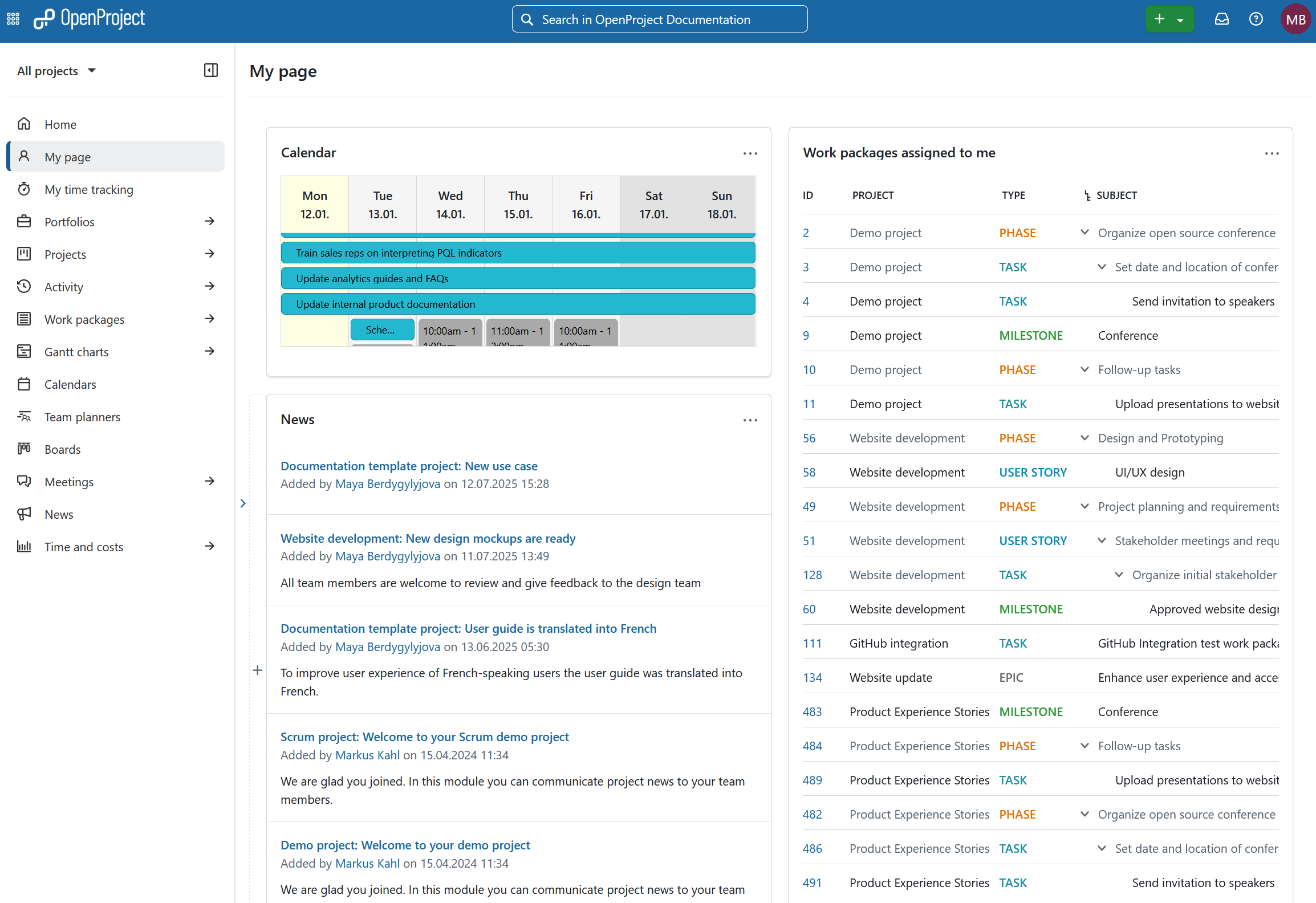 Mi módulo de página en OpenProject, que muestra widgets de calendario, noticias y paquetes de trabajo