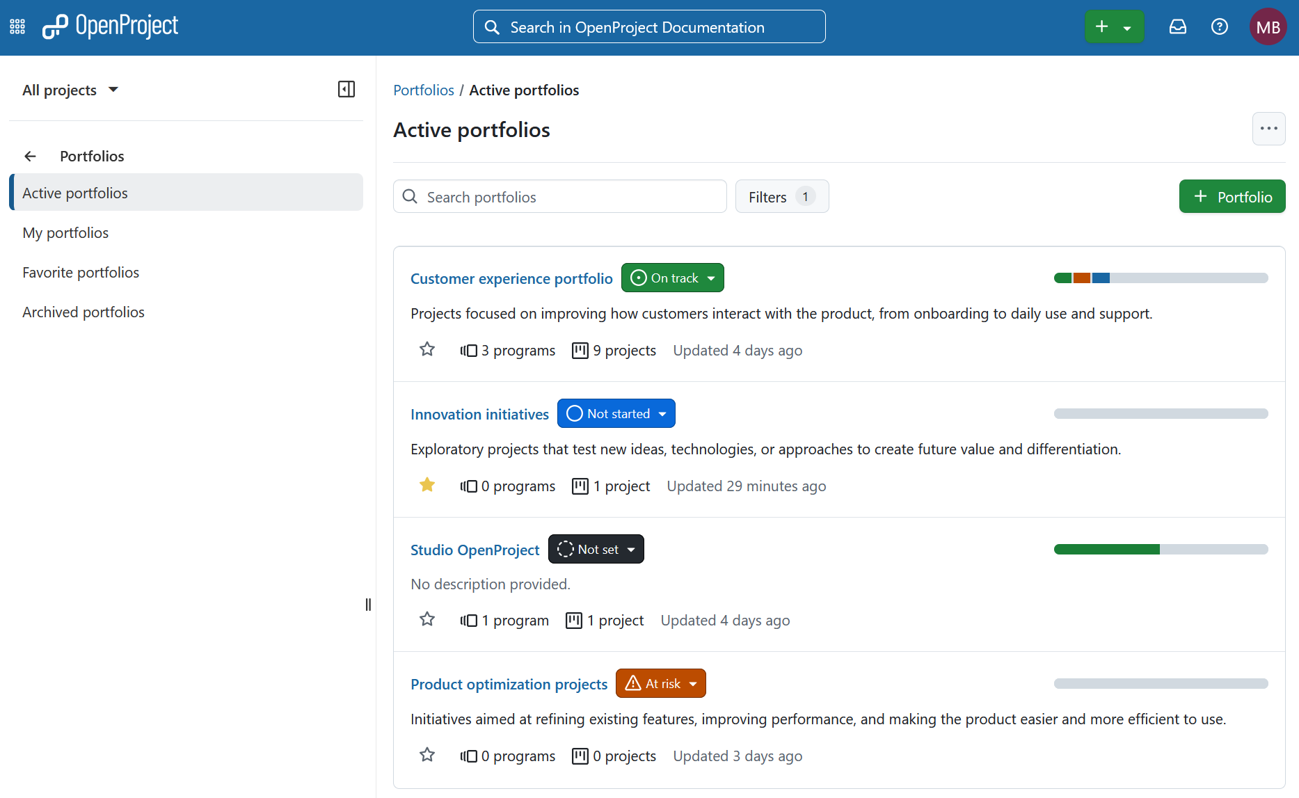 Módulo de carteras en OpenProject, que muestra las carteras existentes y la información detallada relacionada.