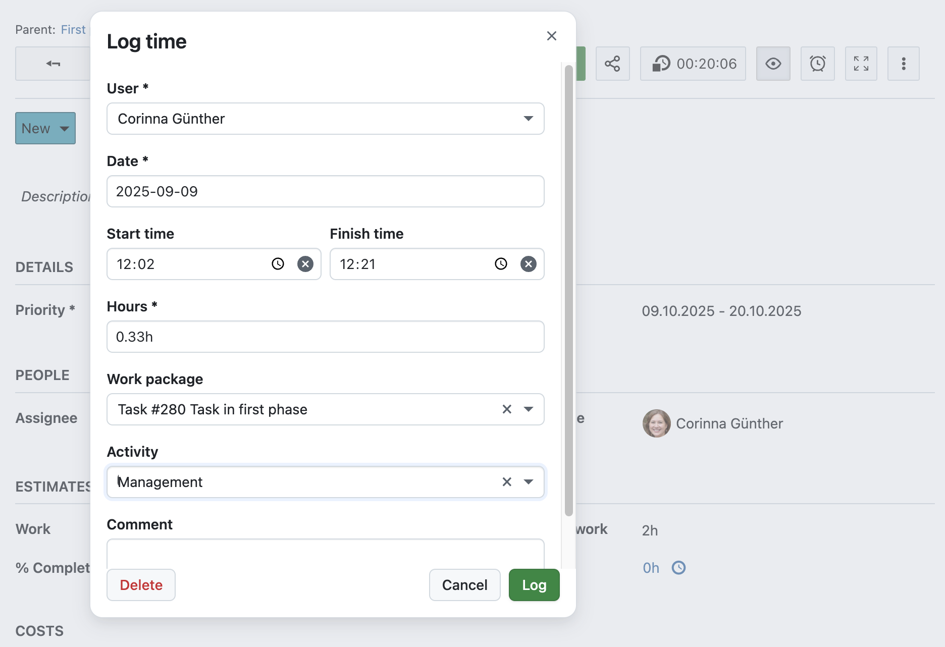 Siga el proceso PRINCE2 con OpenProject: gestionar la entrega del producto mediante el seguimiento del tiempo en un paquete de trabajo