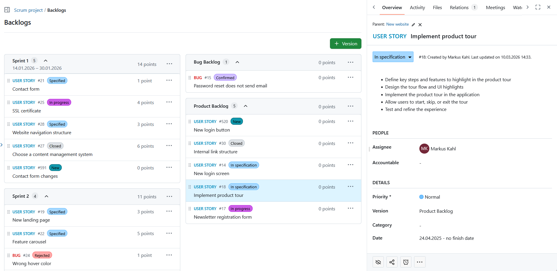 Vista de backlogs de OpenProject