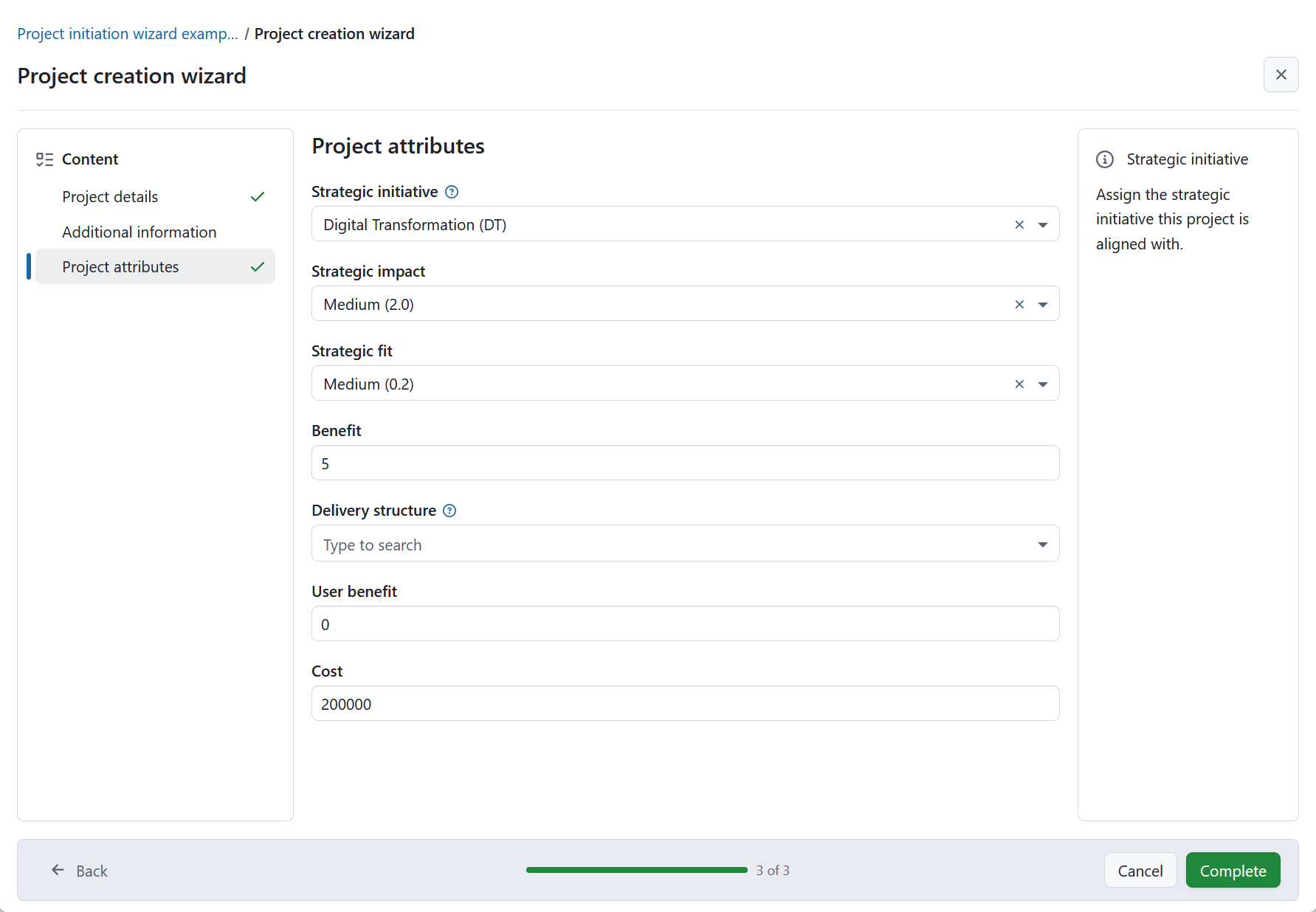 Proceso de inicio de proyecto en OpenProject, mostrando los atributos predefinidos del proyecto que hay que rellenar