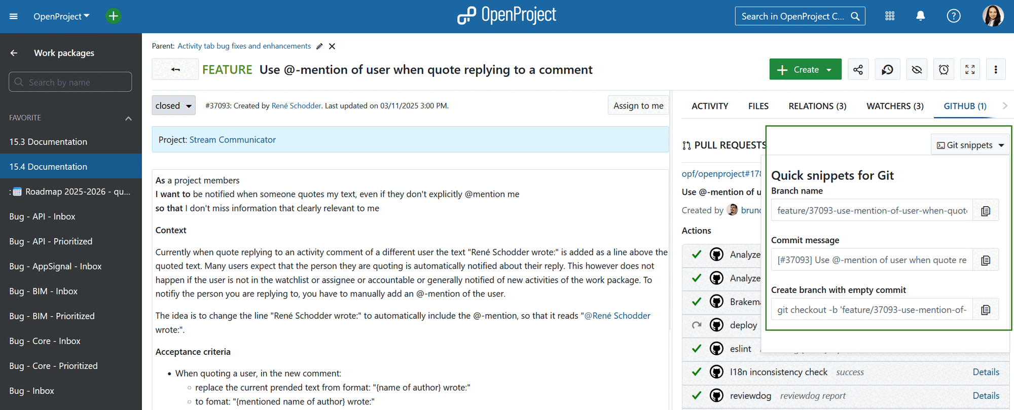 Git snippets dropdown menu under GitHub tab in OpenProject work package