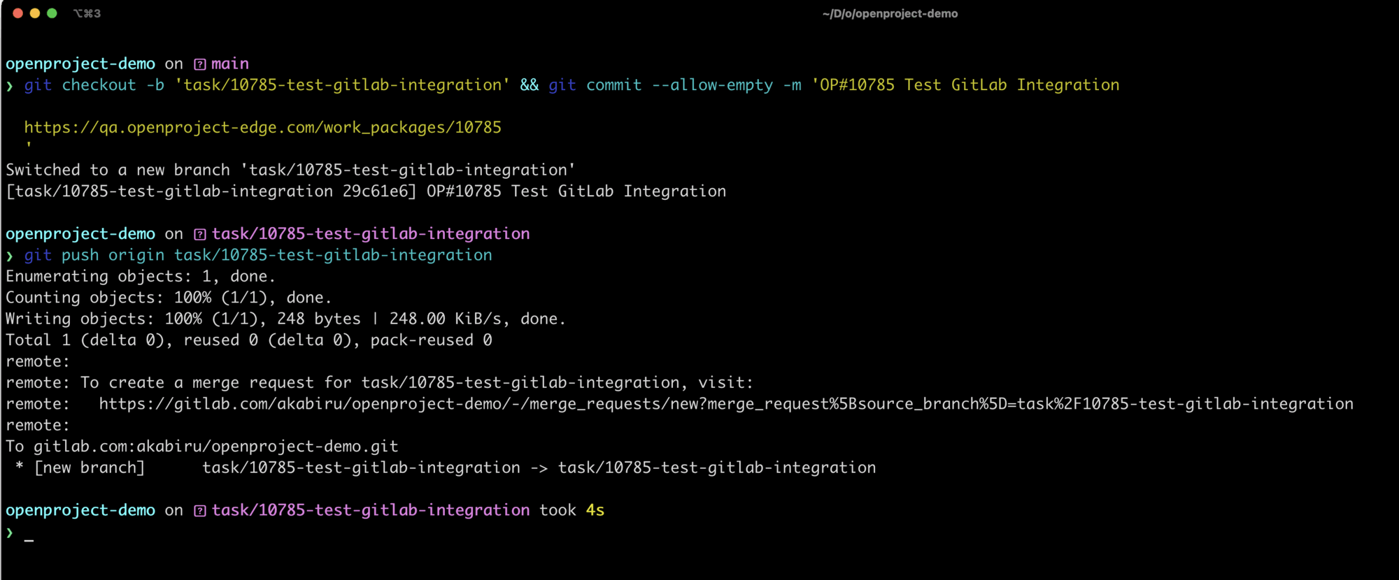 Git snippet to create a new branch with empty commit in GitLab entered into command line interface
