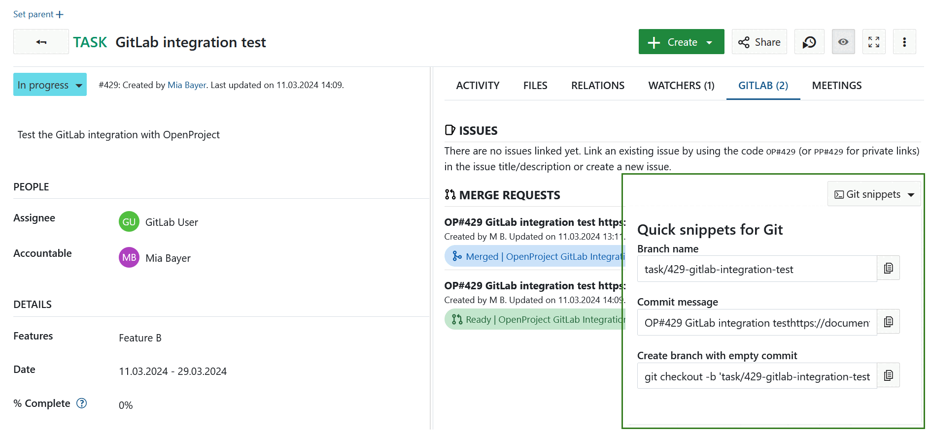 Git snippets for GitLab integration in OpenProject