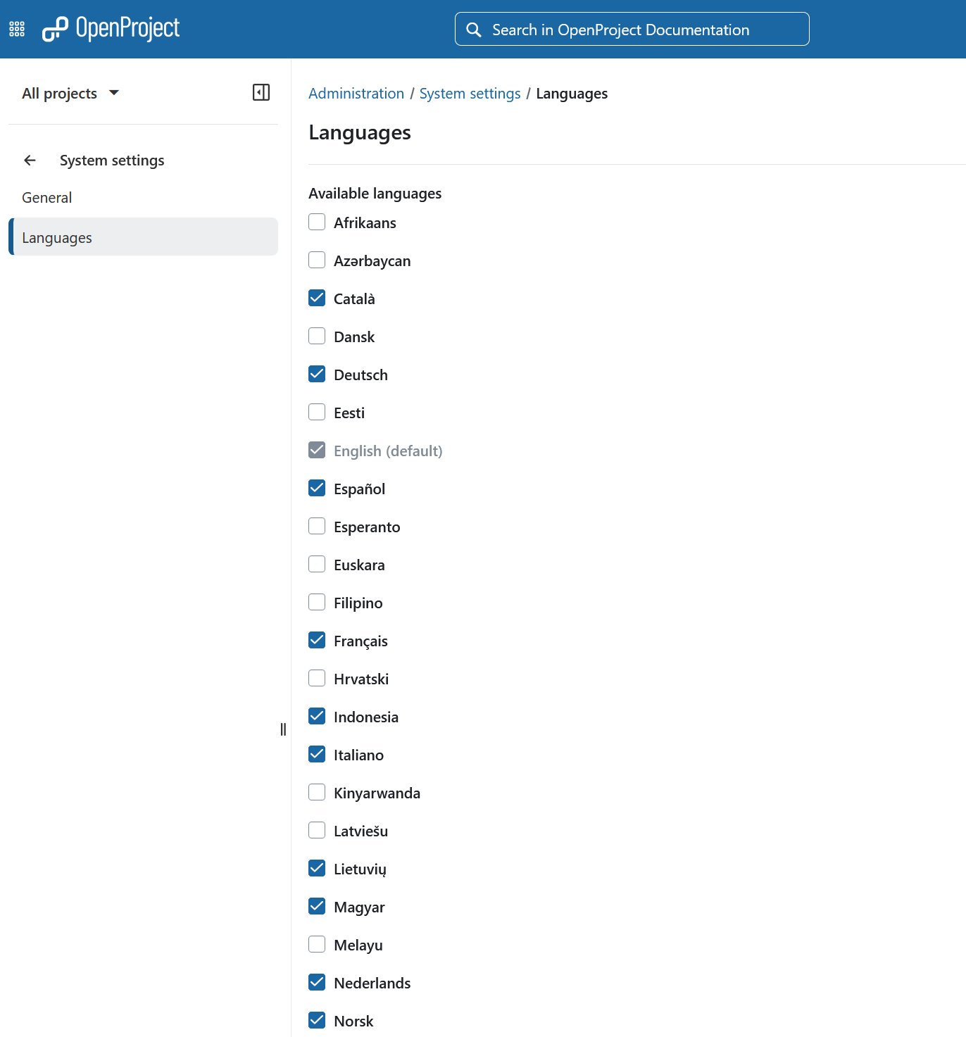 System languages available in OpenProject administration