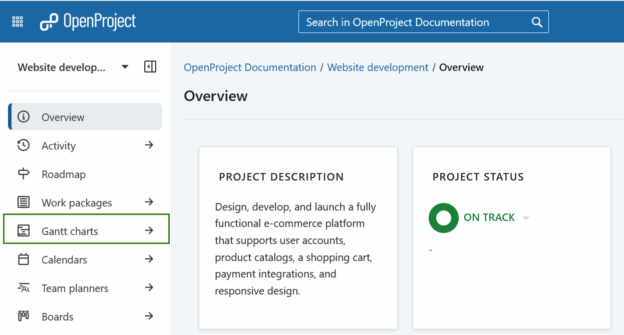 Select the Gantt charts module in OpenProject