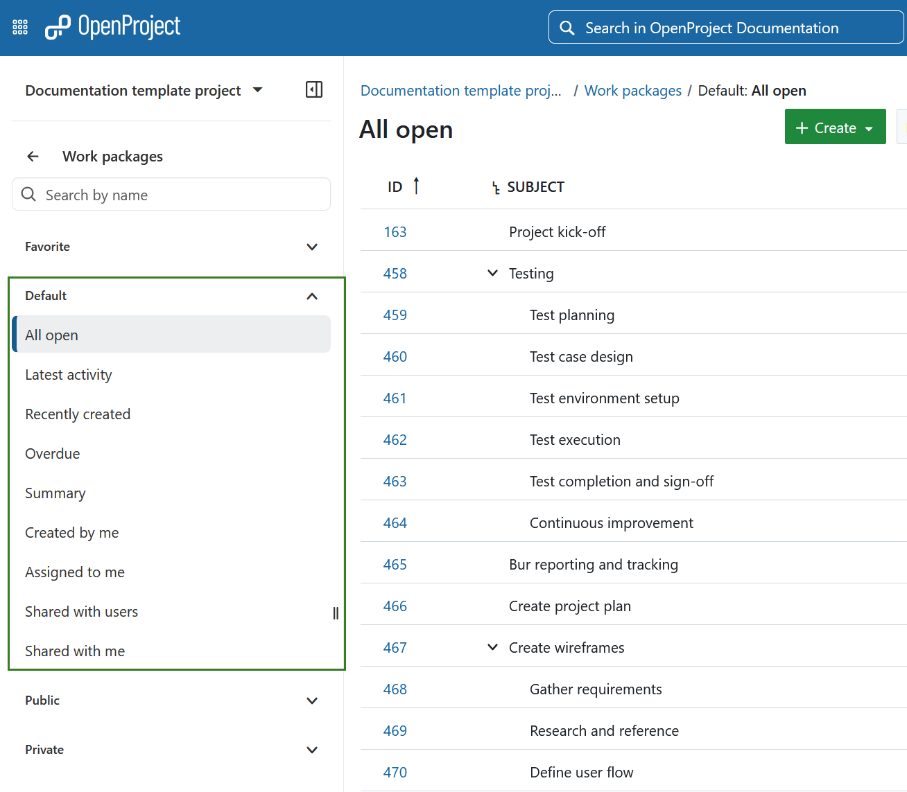 A list of the default work package views