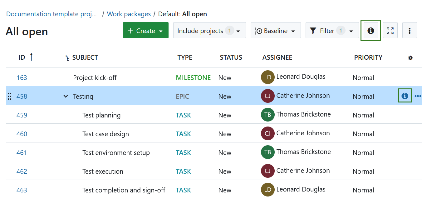 Open a work package split screen view in OpenProject