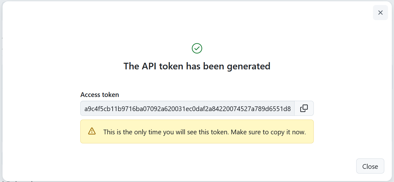 A message confirming successful generation of a new API storage in OpenProject