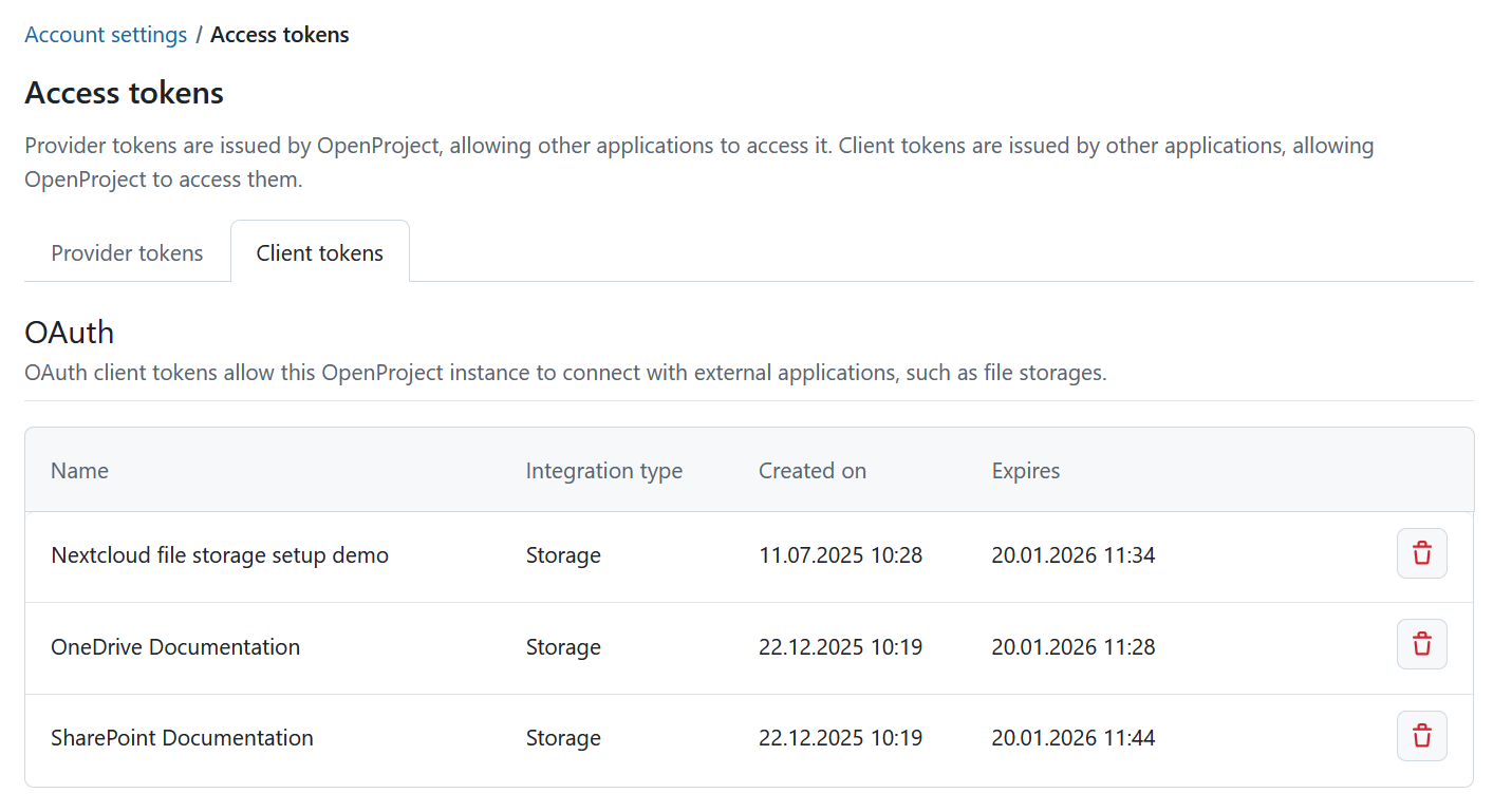 File storages access tokens under Account settings in OpenProject