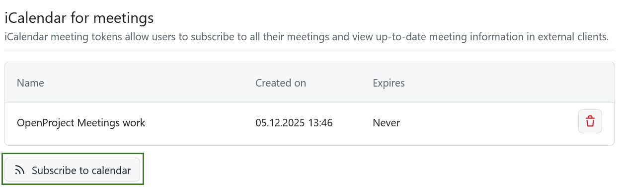 A “subscribe to calendar” button to subscribe to OpenProject meetings under account settings