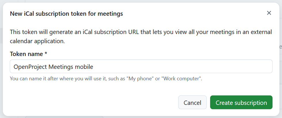 Form to create a new iCal subscription token for meetings in OpenProject account settings