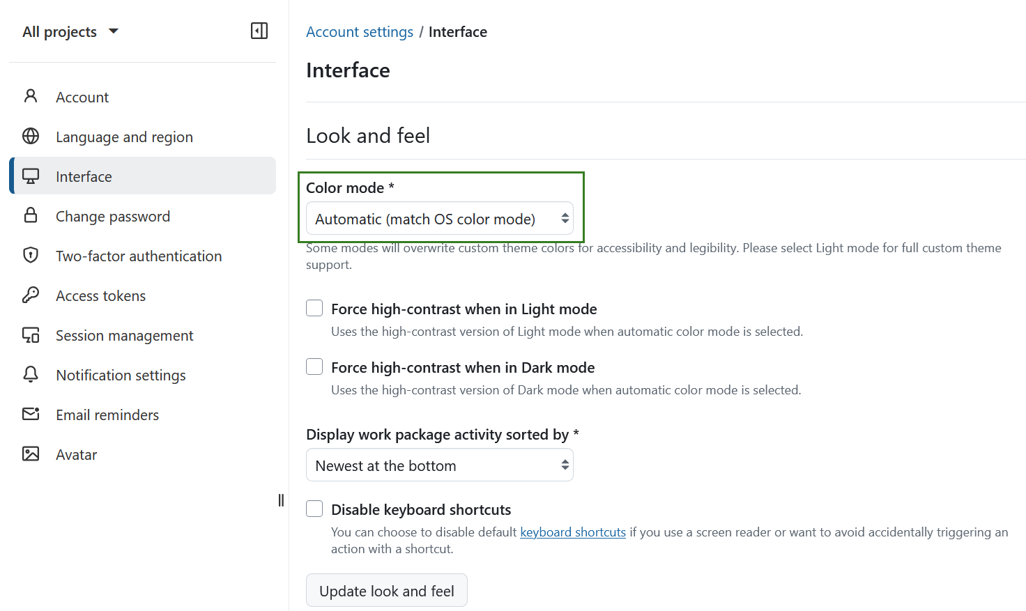 Automatic color mode in OpenProject account settings