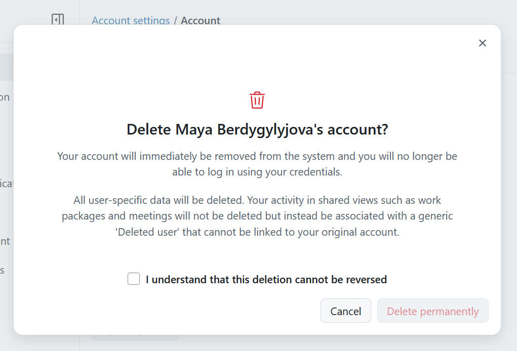 Confirmation dialog to delete account under OpenProject account settings