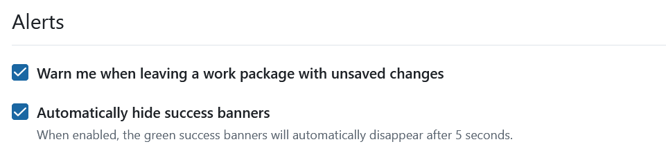Alerts section under interface settings in OpenProject account settings