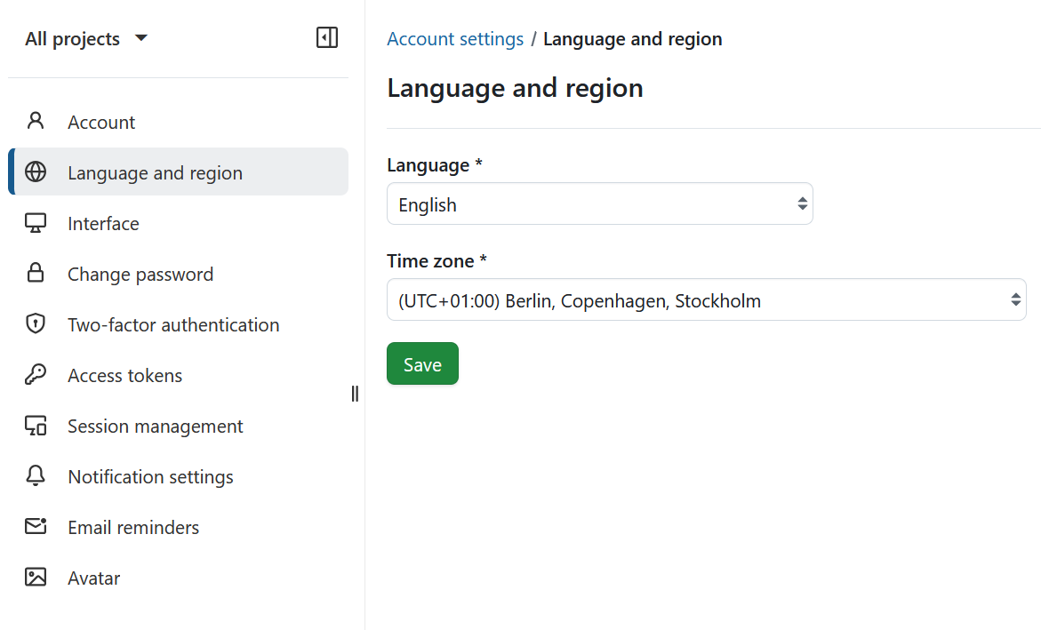 OpenProject personal account settings