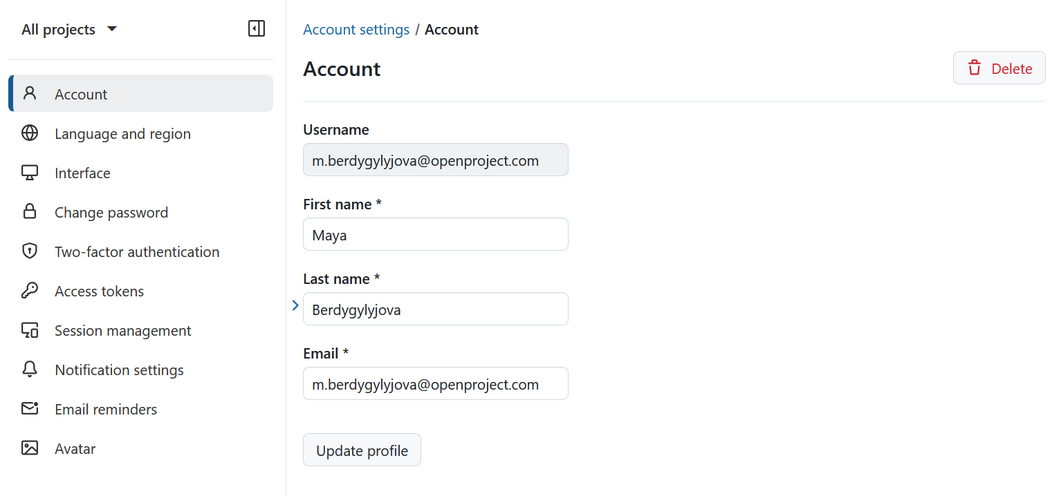 Profile settings in OpenProject