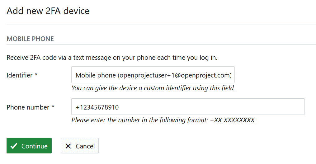 Add a new mobile phone as a 2FA device in OpenProject