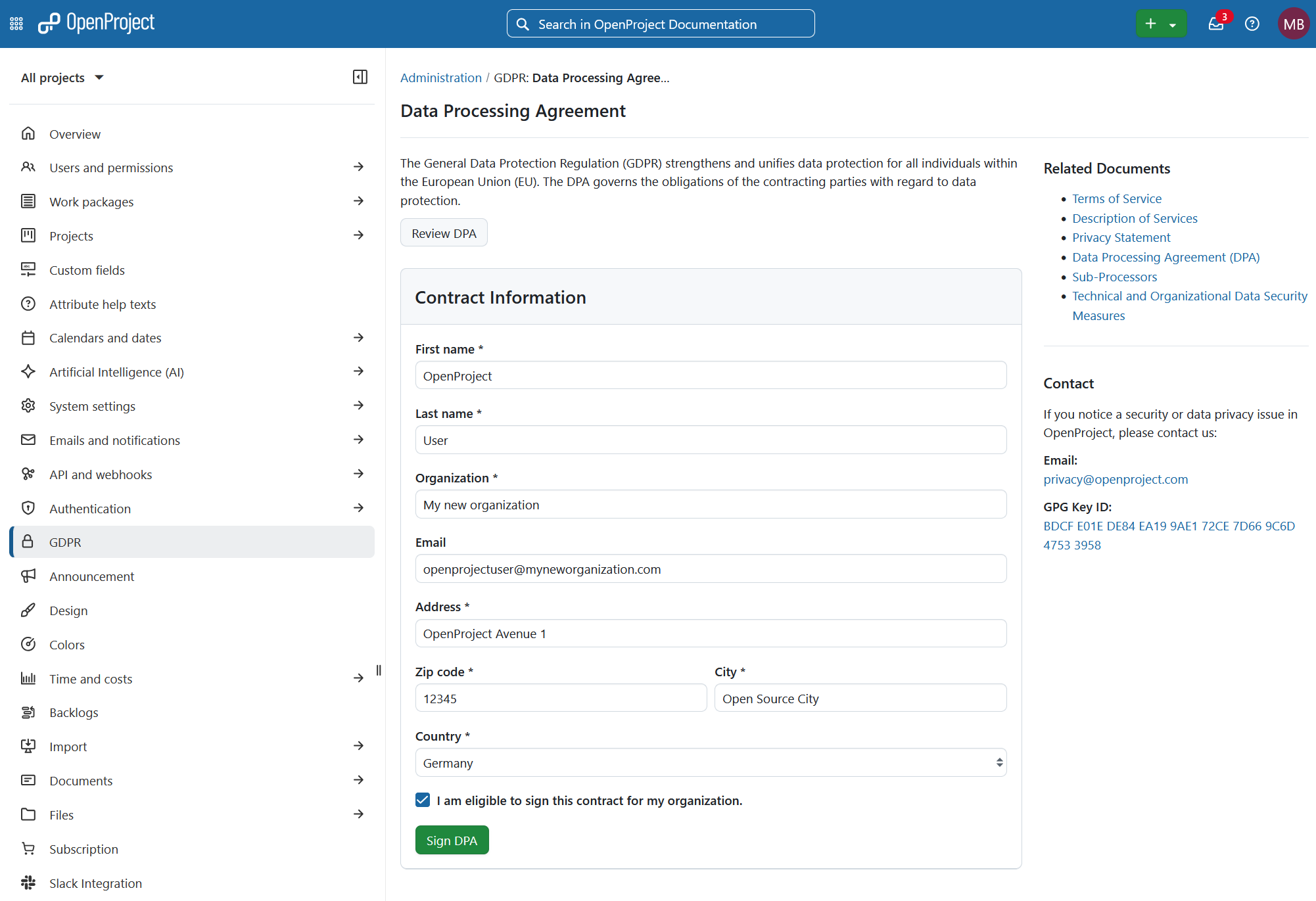OpenProject DPA in OpenProject administration