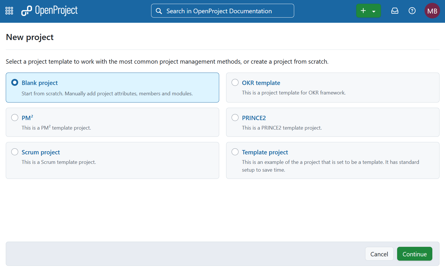 Select a template for creating a new project in OpenProject