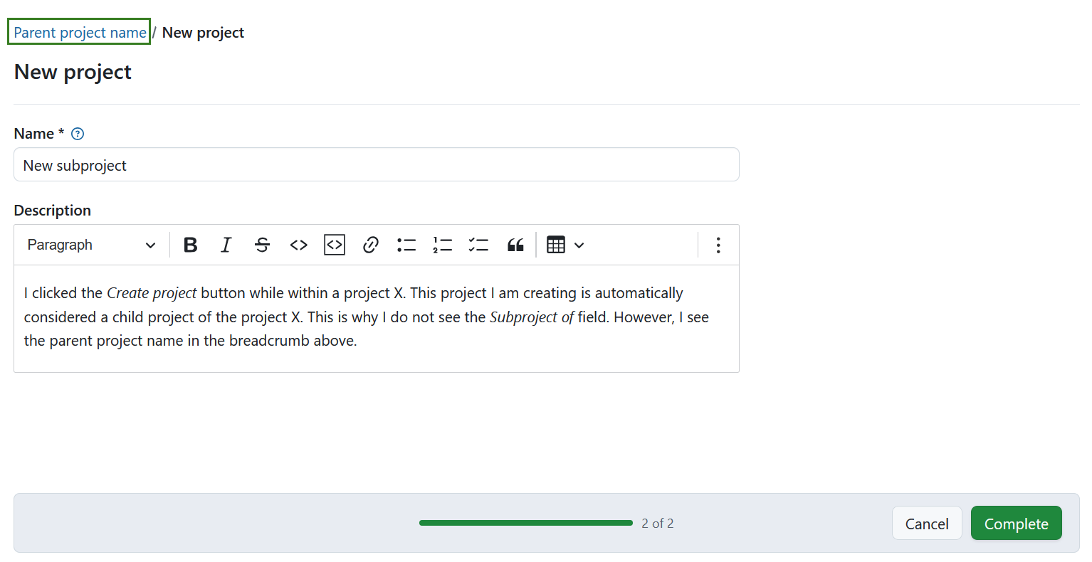 Name and create a new subproject in OpenProject