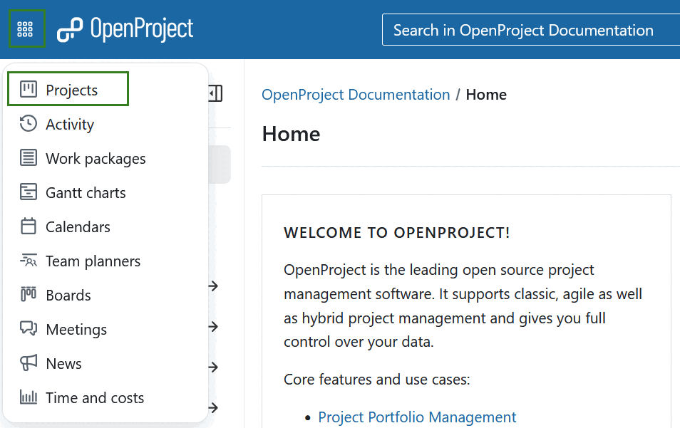 Global modules grid icon in OpenProject header navigation, opened, Projects module selected